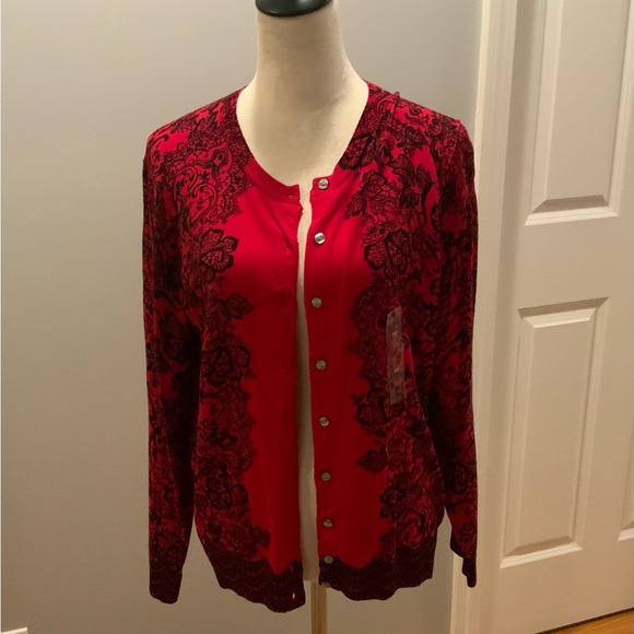 Karen Scott Sweaters - NWT Ladies button down sweater, red with black design. Size Medium
